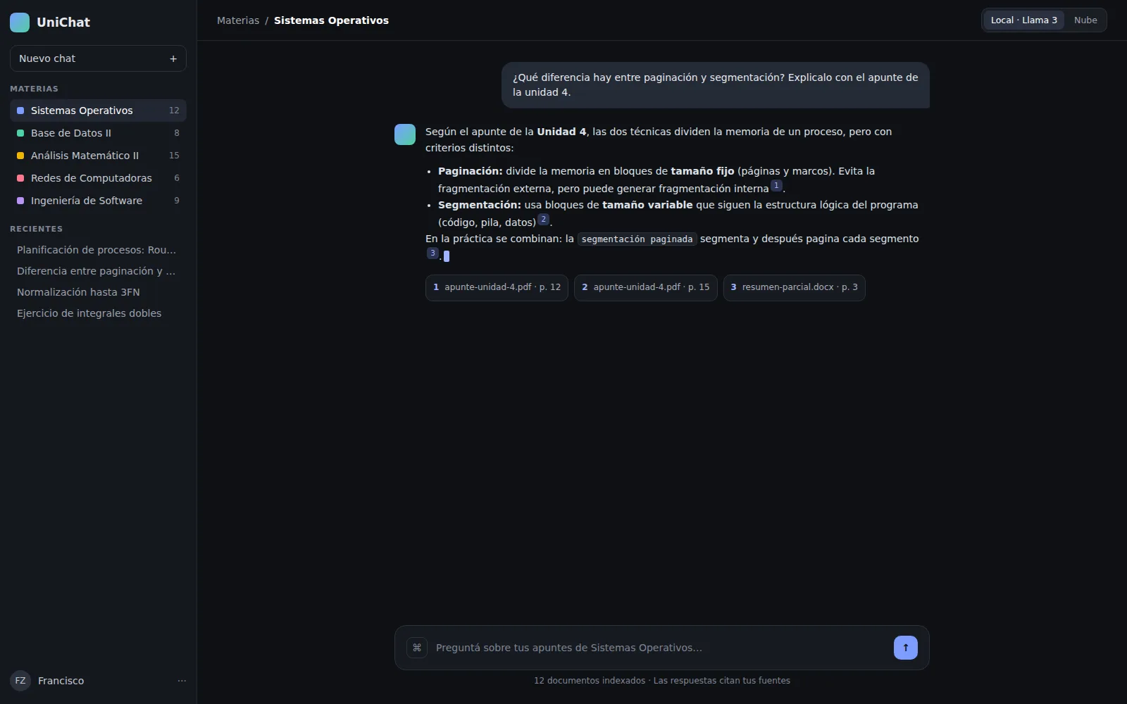 Captura del sitio de UniChat